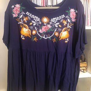 Blue peasant top with embroidery
